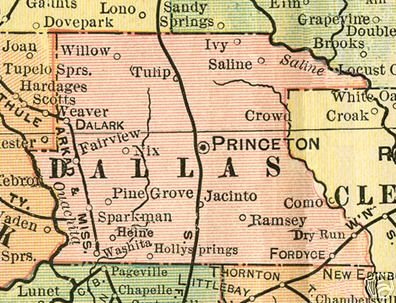 Early map of Dallas County Arkansas including Princeton, Fordyce, Dalark, Washita, Tulip, Holly Springs, Ramsey